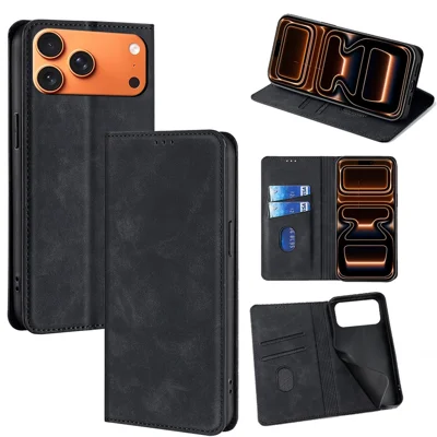 For iPhone 18 Pro Max / 17 Pro Max Case Card Holder PU Leather Magnetic Closing Phone Cover - Black