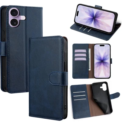For iPhone 17 Case RFID Blocking Wallet Cowhide Texture Leather Phone Cover - Sapphire
