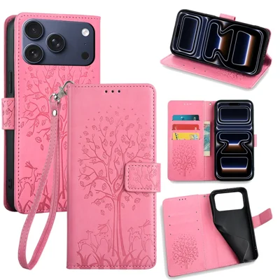 For iPhone 17 Pro Case PU Leather Wallet Phone Cover Tree Deer Imprinted - Roze
