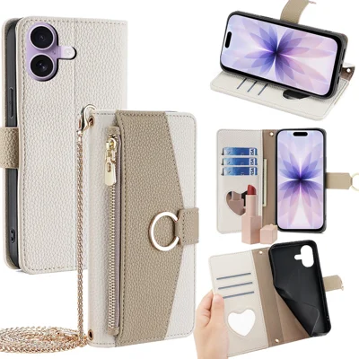 For iPhone 17 Case Mirror Wallet Leather Phone Cover with Chain Shoulder Strap - White