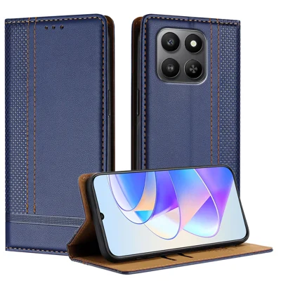 For Honor 400 Smart 5G / 4G / X7d 4G Case L-Shaped Grid Pattern Leather Stand Phone Cover with Card Slots - Blue