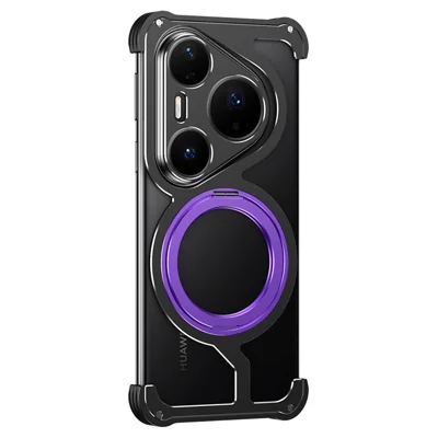 For Huawei Pura 80 Pro / Pura 80 Pro+ Metal Case Rotating Kickstand Heat Dissipation Frameless Phone Bumper Cover with Lens Protector - Black / Purple