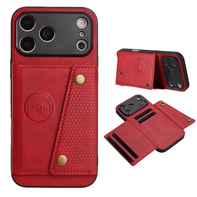 Til iPhone 17 Pro Case med kortfåger og fold ud stander i læder + TPU telefonbeskytning - Rød