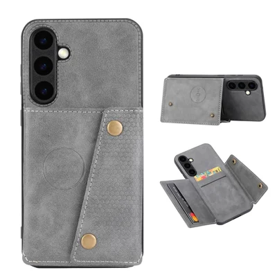 For Samsung Galaxy S25 FE Case with Card Slots Kickstand Leather + TPU Phone Cover - Grey