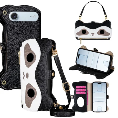 For iPhone Air Case Makeup Mirror Wallet Cute Raccoon Leather Phone Cover with Wrist / Shoulder Strap - Black