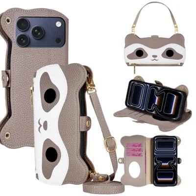 For iPhone 18 Pro / 17 Pro Case Makeup Mirror Wallet Cute Raccoon Leather Phone Cover with Wrist / Shoulder Strap - Grey
