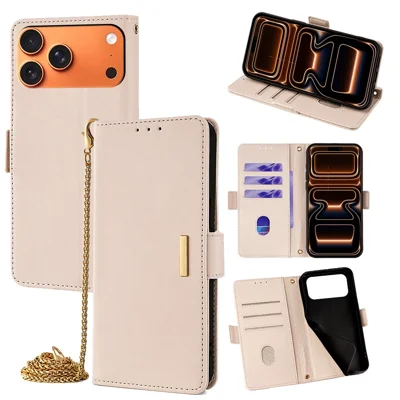 For iPhone 17 Pro Case PU Leather Wallet Stand Phone Cover with Crossbody Shoulder Strap - White