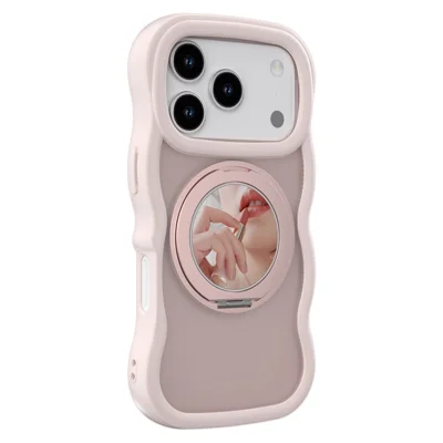 For iPhone 18 Pro / 17 Pro Magnetic Case Wave Edge TPU + Acrylic Phone Cover with Mirror Kickstand - Pink