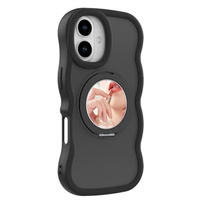 For iPhone 17 Magnetic Case Wave Edge TPU + Acrylic Phone Cover with Mirror Kickstand - Black