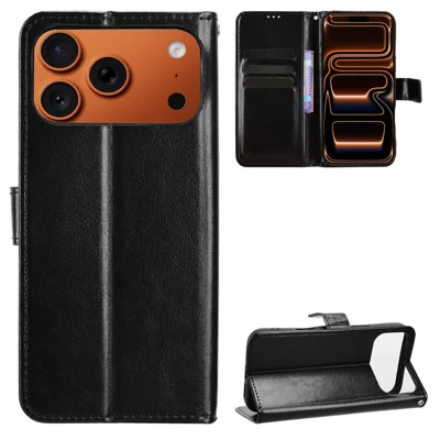 For iPhone 17 Pro Max PU Leather Case met bandje Crazy Horse textuur telefoonportemonnee hoes - Zwart