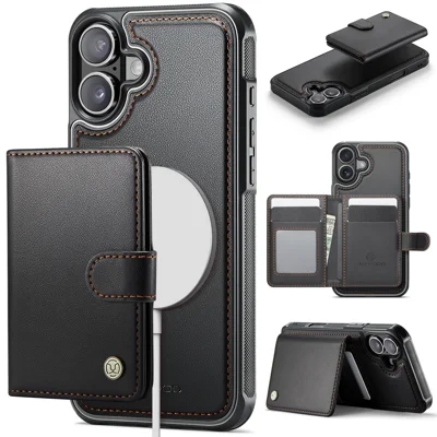 JEEHOOD For iPhone 16 Plus Case  J09 RFID Blocking Card Holder Leather Back Phone Cover Compatible with MagSafe - Black