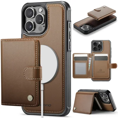 JEEHOOD For iPhone 13 Pro Max 6.7 inch Case  J09 RFID Blocking Card Holder Leather Back Phone Cover Compatible with MagSafe - Brown