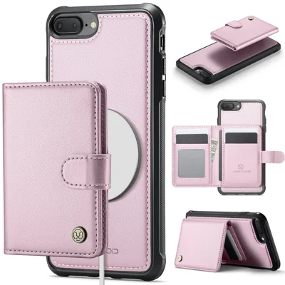 JEEHOOD For iPhone 8 Plus 5.5 inch / iPhone 7 Plus 5.5 inch Case  J09 RFID Blocking Card Holder Leather Back Phone Cover Compatible with MagSafe - Pink
