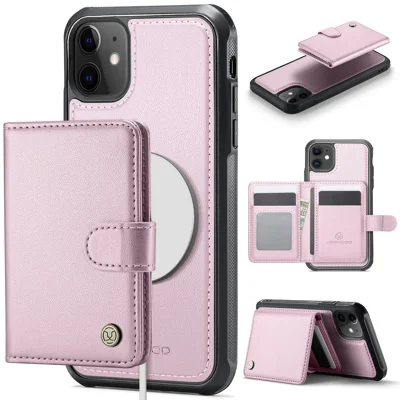 JEEHOOD For iPhone 12 Pro 6.1 inch / iPhone 12 6.1 inch Case  J09 RFID Blocking Card Holder Leather Back Phone Cover Compatible with MagSafe - Pink