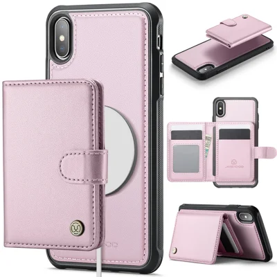 JEEHOOD For iPhone XS 5.8 inch / iPhone X Case  J09 RFID Blocking Card Holder Leather Back Phone Cover Compatible with MagSafe - Pink