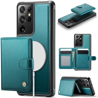 JEEHOOD For Samsung Galaxy S21 Ultra 5G Case  J09 RFID Blocking Card Holder Leather Back Phone Cover Magnetic Case - Green