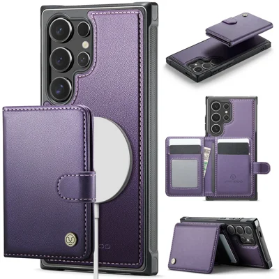 JEEHOOD For Samsung Galaxy S24 Ultra Case  J09 RFID Blocking Card Holder Leather Back Phone Cover Magnetic Case - Purple
