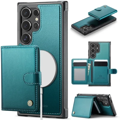JEEHOOD For Samsung Galaxy S25 Ultra Case  J09 RFID Blocking Card Holder Leather Back Phone Cover Magnetic Case - Green