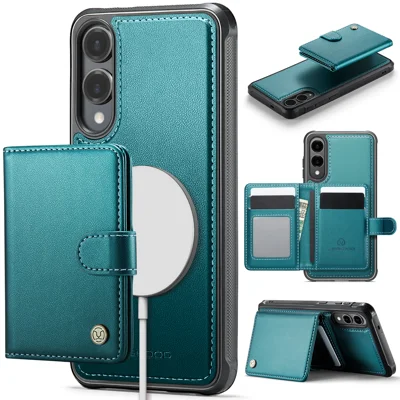 JEEHOOD For Samsung Galaxy S25 Edge Case  J09 RFID Blocking Card Holder Leather Back Phone Cover Magnetic Case - Green
