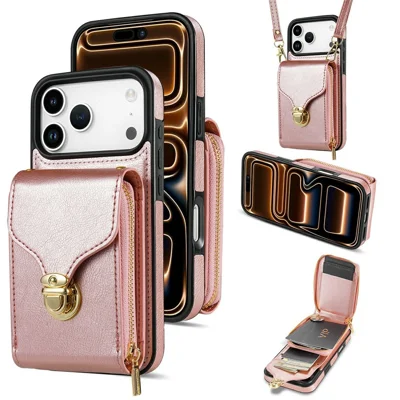 For iPhone 17 Pro Case Zipper Wallet Leer + TPU Telefoonhoesje met Bandje - Roségoud