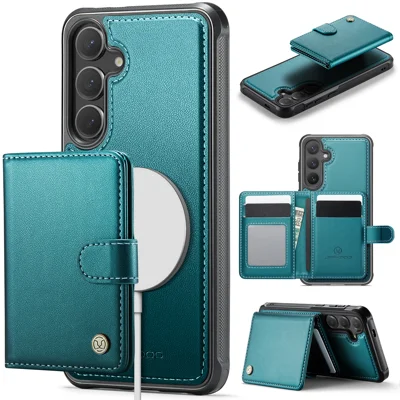 JEEHOOD For Samsung Galaxy S25 FE Case  J09 RFID Blocking Card Holder Leather Back Phone Cover Magnetic Case - Green