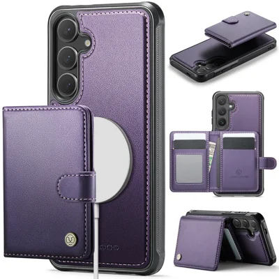 JEEHOOD For Samsung Galaxy S25 Case  J09 RFID Blocking Card Holder Leather Back Phone Cover Magnetic Case - Purple