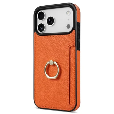 For iPhone 18 Pro Max / 17 Pro Max Case Ring Kickstand PU + TPU Card Holder Phone Cover - Orange