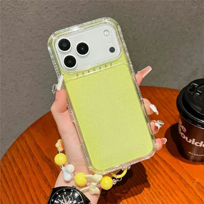 For iPhone 18 Pro Max / 17 Pro Max Case Anti-Drop Glitter Design PC + TPU Phone Cover with Strap - Yellow