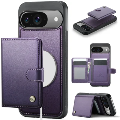 JEEHOOD For Google Pixel 9 Pro / Google Pixel 9 Case  J09 RFID Blocking Card Holder Leather Back Phone Cover Magnetic Case - Purple