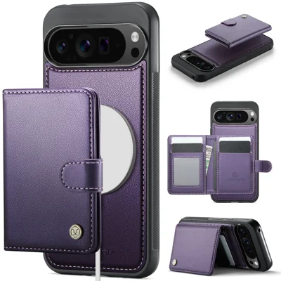 JEEHOOD For Google Pixel 9 Pro XL Case  J09 RFID Blocking Card Holder Leather Back Phone Cover Magnetic Case - Purple