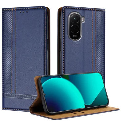 Fodral för Xiaomi Poco M7 4G (169 mm) med L-format rutmönster, läder, ställfot och kortfickor - Blått