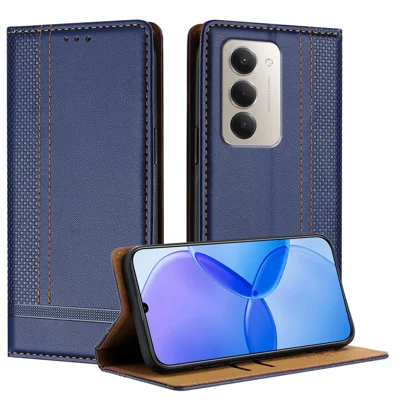 For Xiaomi Redmi 15 4G (EU) (171mm) / Xiaomi Redmi 15 5G (EU) (171mm) Case L-Shaped Grid Pattern Leather Stand Phone Cover with Card Slots - Blue