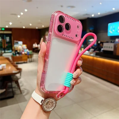 For iPhone 18 Pro / 17 Pro Case Clear Colorful Frame Drop-Proof TPU + PC Phone Back Cover with Lens Film  /  Strap - Pink