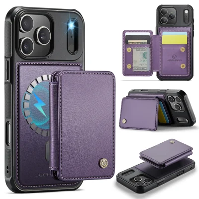 JEEHOOD For iPhone 17 Pro Case  J05 Leather Mobile Cover with Detachable Magnetic Card Bag - Purple