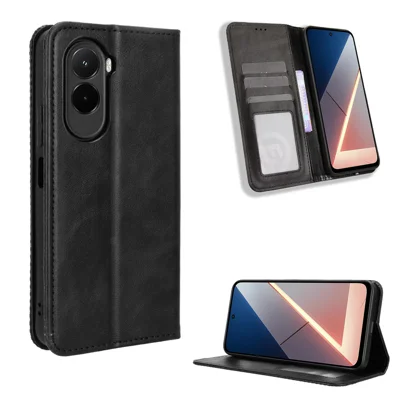 Läder för Xiaomi Poco M7 4G (169 mm) med plånbok, ställfunktion, retrostruktur, svart