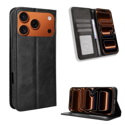 For iPhone 18 Pro Max / 17 Pro Max Leather Case Wallet Stand Retro Texture Phone Cover - Black