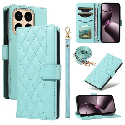 For Xiaomi 15T Wallet Case Rhombus Leather Phone Cover with Strap - Green