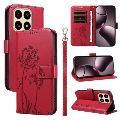 For Xiaomi 15T Leather Wallet Case with Strap Dandelion Imprint Phone Stand Cover - Red