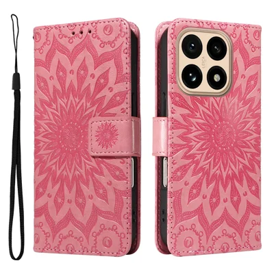 For Xiaomi 15T Leather Wallet Case Sunflower Imprinted Phone Cover - Pink