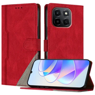 For Honor X5b / Honor X5b Plus / Honor X6c 4G Leather Case Triangle Patchwork Wallet Stand Shockproof Phone Cover - Red