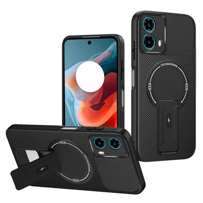 Fodral för Motorola Moto G34 5G med struktur i kolfiber, PC + TPU, med ställfot – Svart