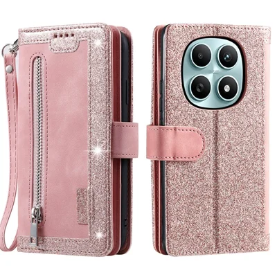 For Xiaomi Poco M8 5G / Redmi Note 15 5G (Global) Case 9 Card Slots Zipper Wallet PU Leather Phone Cover with Wrist Strap - Rose Gold