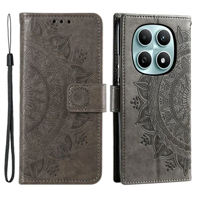 For Xiaomi Poco M8 5G / Redmi Note 15 5G (Global) Stand Case Imprinted Totem PU Leather Wallet Phone Cover with Wrist Strap - Grey