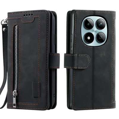 For Xiaomi Redmi Note 15 Pro 5G (Global) Case 9 Card Slots Zipper Wallet PU Leather Phone Cover with Wrist Strap - Black