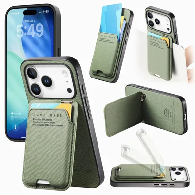 For iPhone 17 Pro Case Cloth Texture Leather + PC + TPU Phone Cover with Card Holder Kickstand - Green