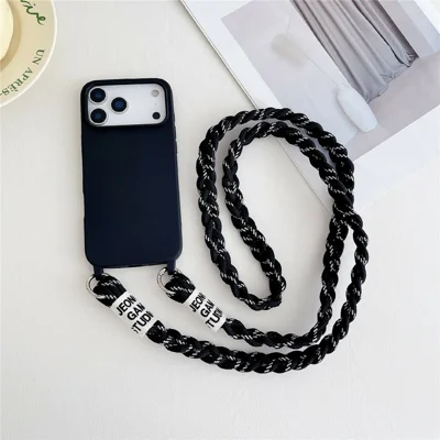 For iPhone 17 Pro Case TPU Phone Back Cover with Woven Crossbody Lanyard - Sort