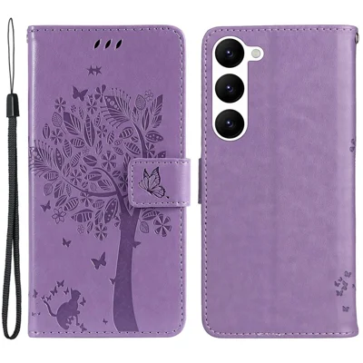 For Samsung Galaxy S23 Phone Case with Stand Cat Tree Pattern Leather Wallet Mobile Cover - Light Purple