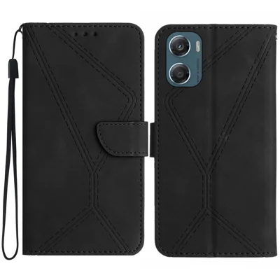 For Motorola Moto G06 Power 4G / G06 4G Case Skin Touch Lines Imprinted PU Leather Flip Phone Cover - Black