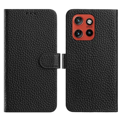 For Motorola Edge 60 Neo 5G / Edge 50 Neo 5G / Moto S50 5G / ThinkPhone 25 5G Case Wallet Stand Litchi Texture Genuine Cow Leather Flip Phone Cover - Black
