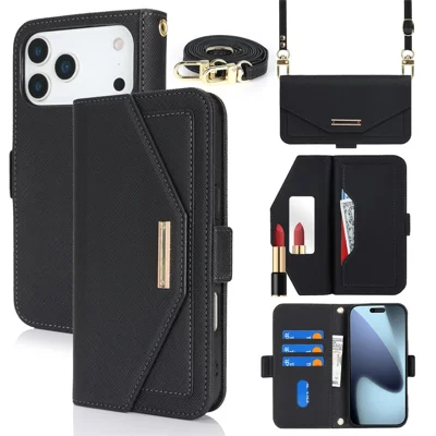 For iPhone 18 Pro Max / 17 Pro Max Stand Case Cross Texture PU Leather Wallet Phone Cover with Shoulder Strap  /  Makeup Mirror - Black